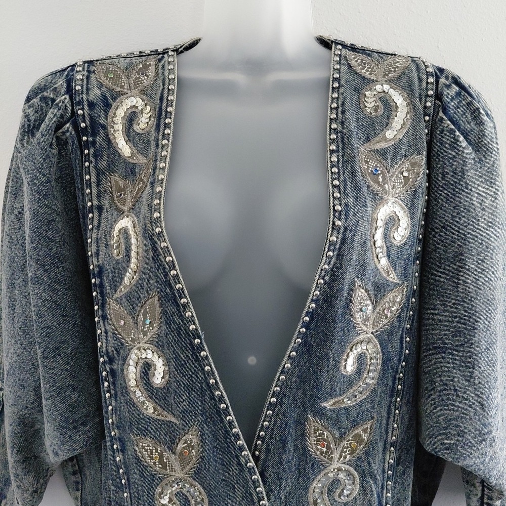 80's Bling Denim Jacket Womens Medium Acid Wash Deep V 90210 Preppy Retro Punk - Picture 2 of 16